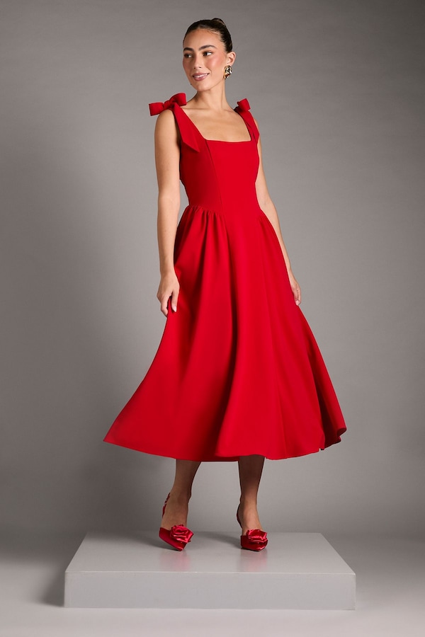 Coast Sleeveless Crepe Midi Dress With Bow Detail Straps Red