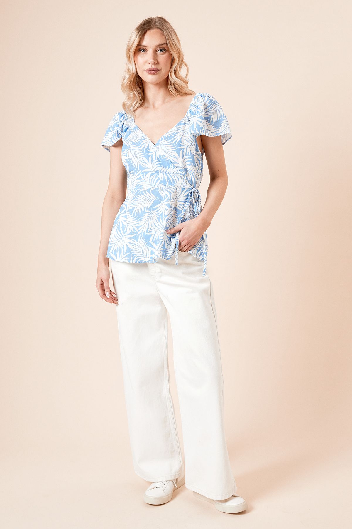 Dorothy Perkins Palm Wrap Front Frill Sleeve blouse Blue image 2