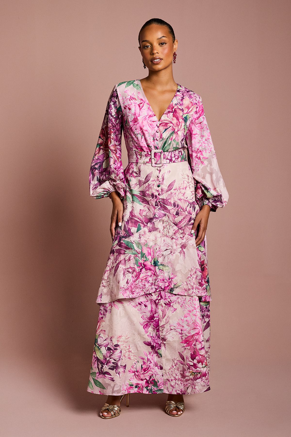 Coast Petite Long Sleeve Chiffon Midaxi Dress With Belt Pink image 1