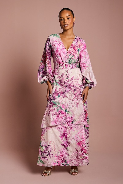 Coast Petite Long Sleeve Chiffon Midaxi Dress With Belt Pink