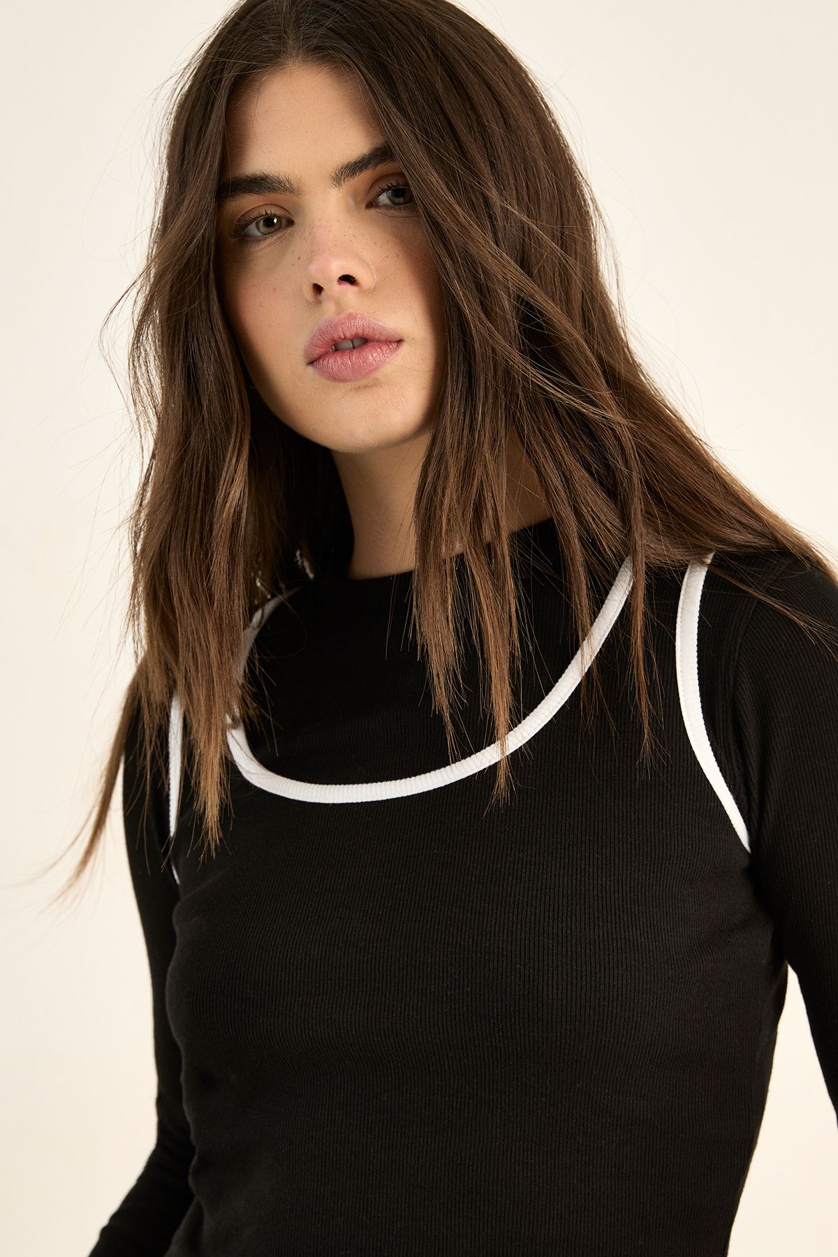 NastyGal Double Layer Contrast Colour Long Sleeve Ribbed Top Black image 4