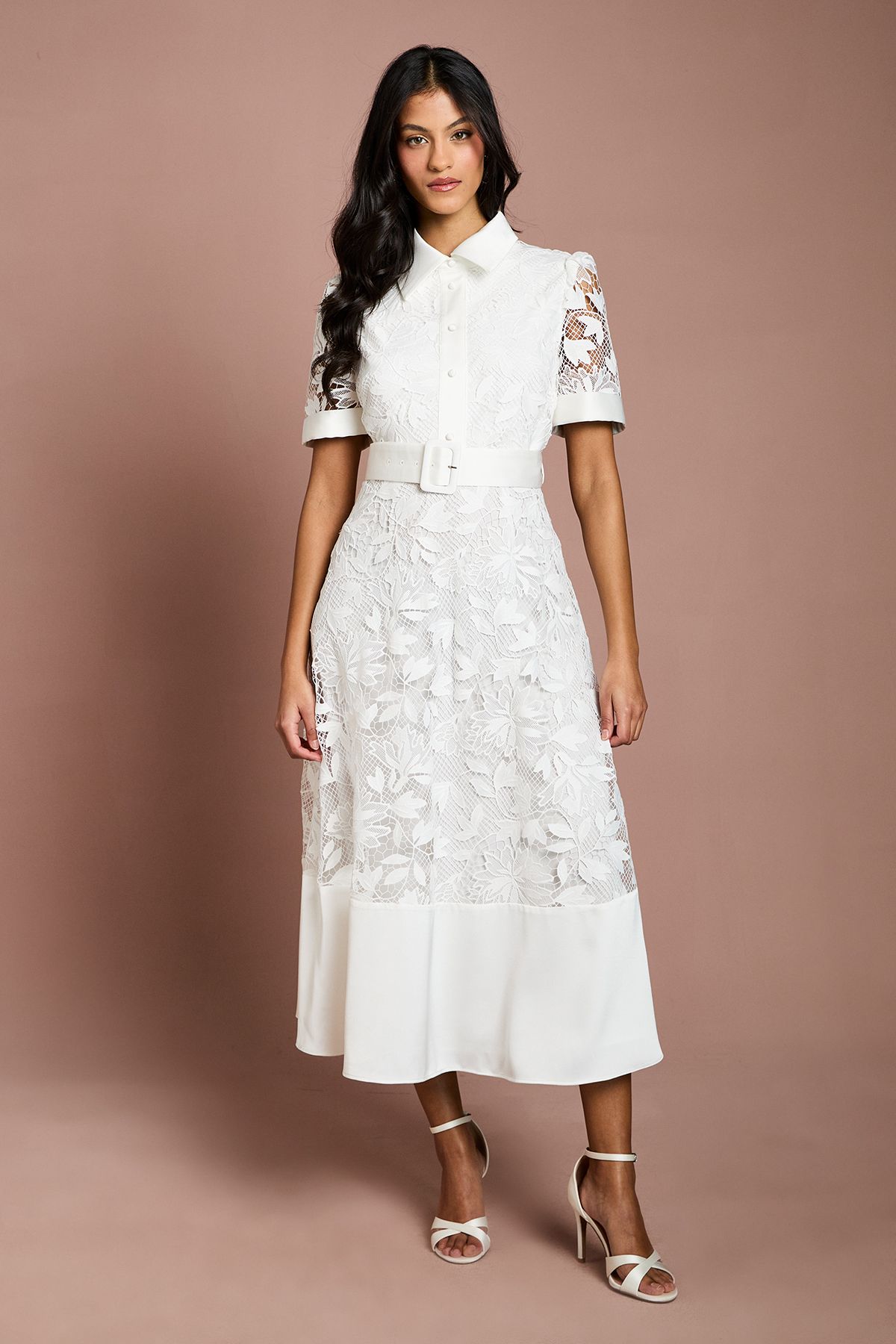 Coast Petite Satin Trim Lace Shirt Midi Dress White