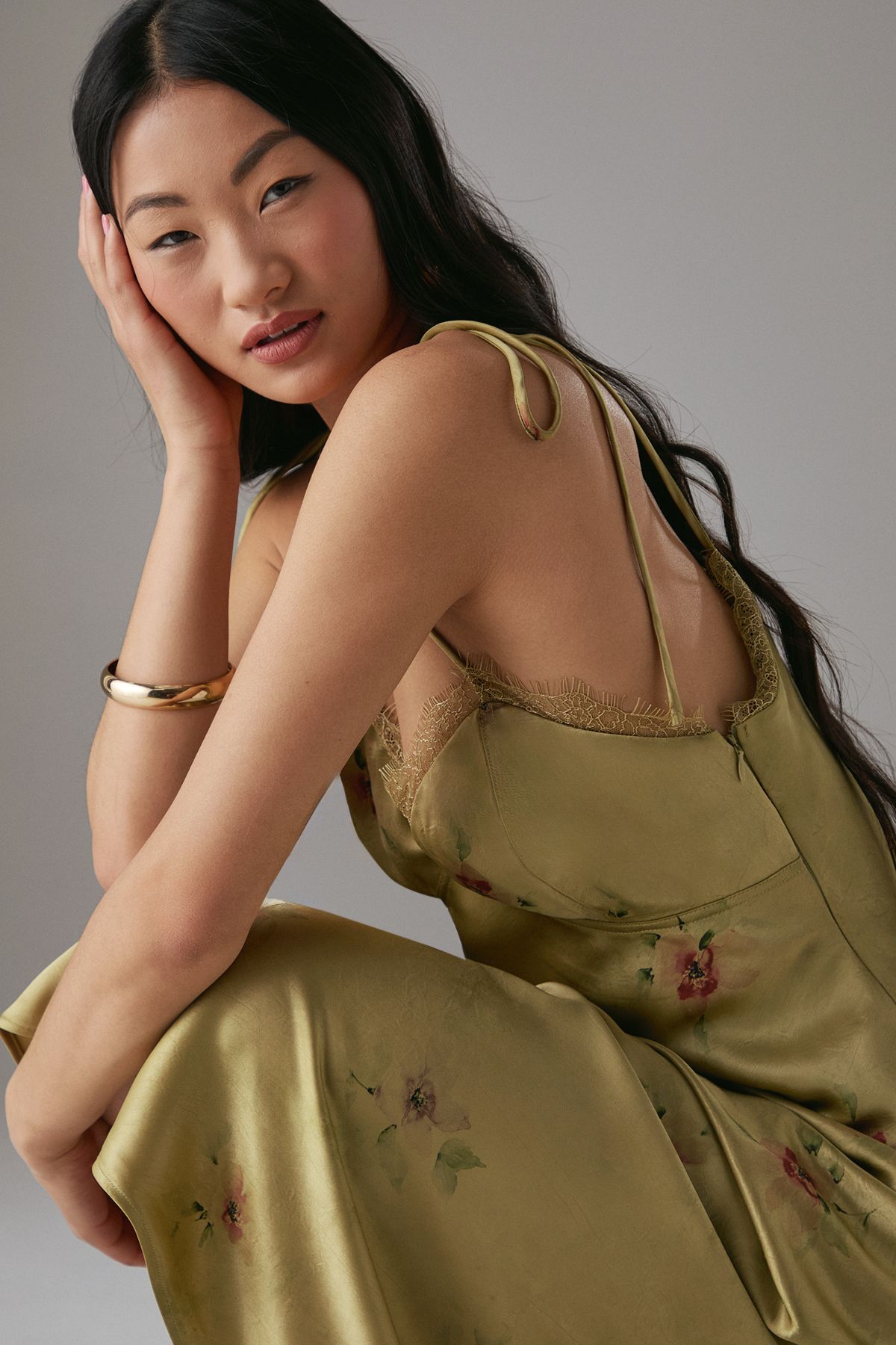 Warehouse Petite Rose Satin Tie Strap Lace Detail Midi Slip Dress Yellow image 2