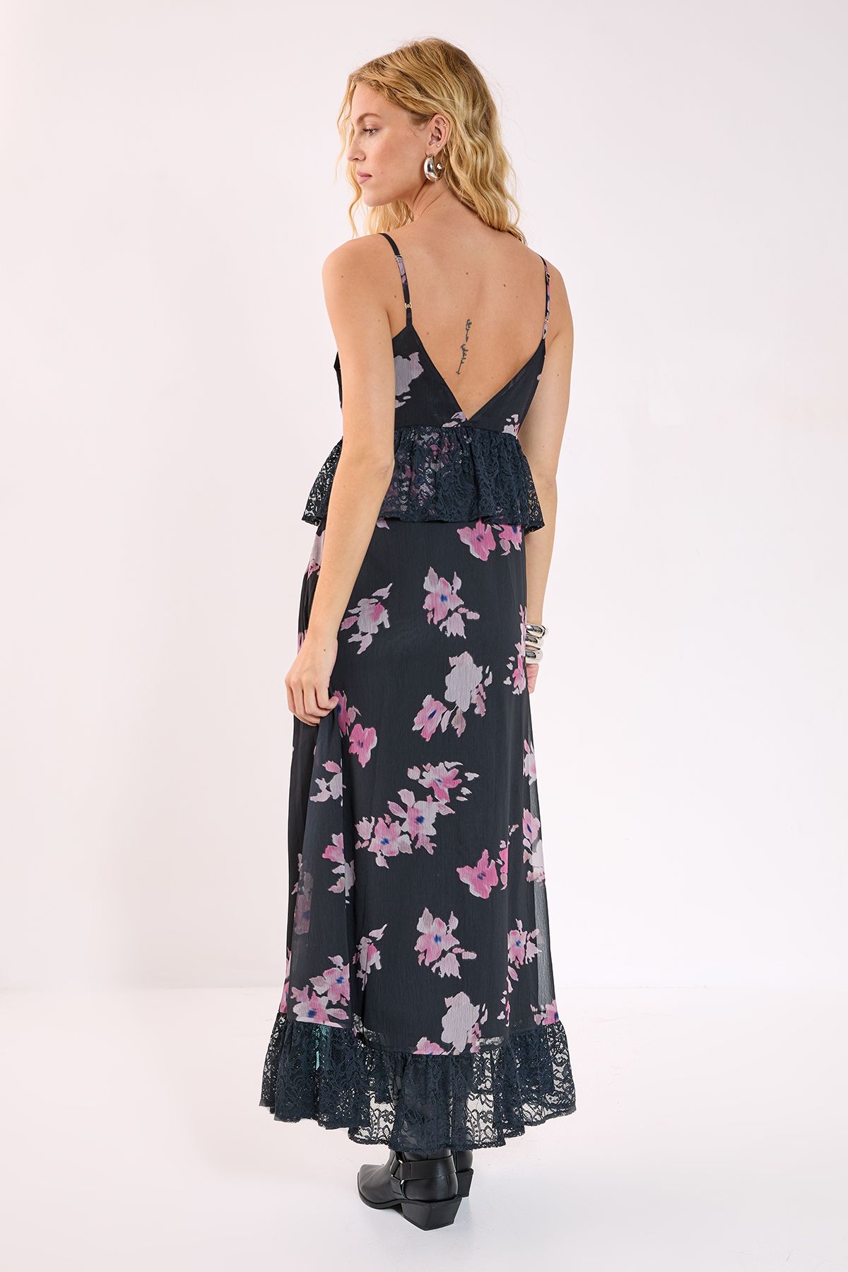 NastyGal Floral Chiffon Lace Ruffle Maxi Dress Black image 5