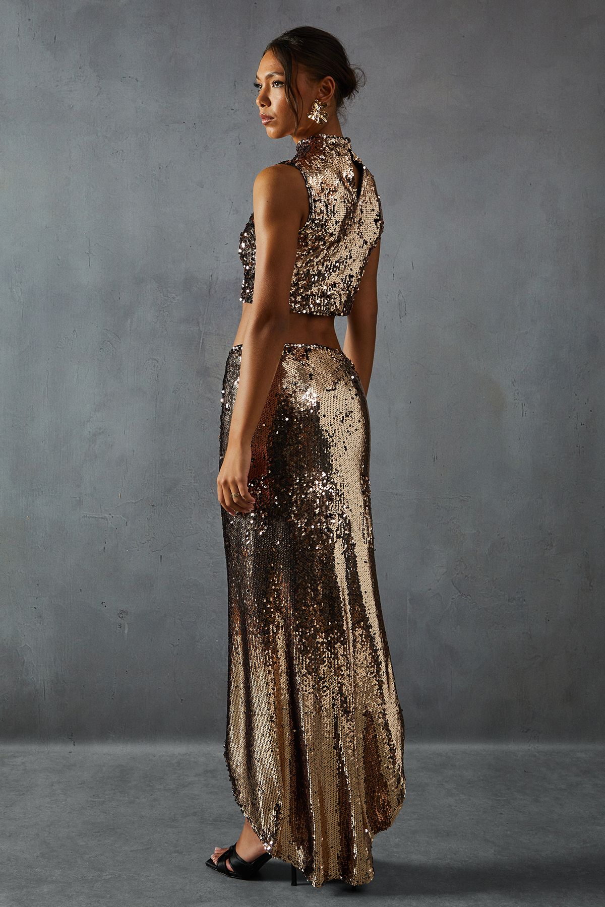MissPap Sequin Top & Split Leg Maxi Skirt Co Ord Gold image 3