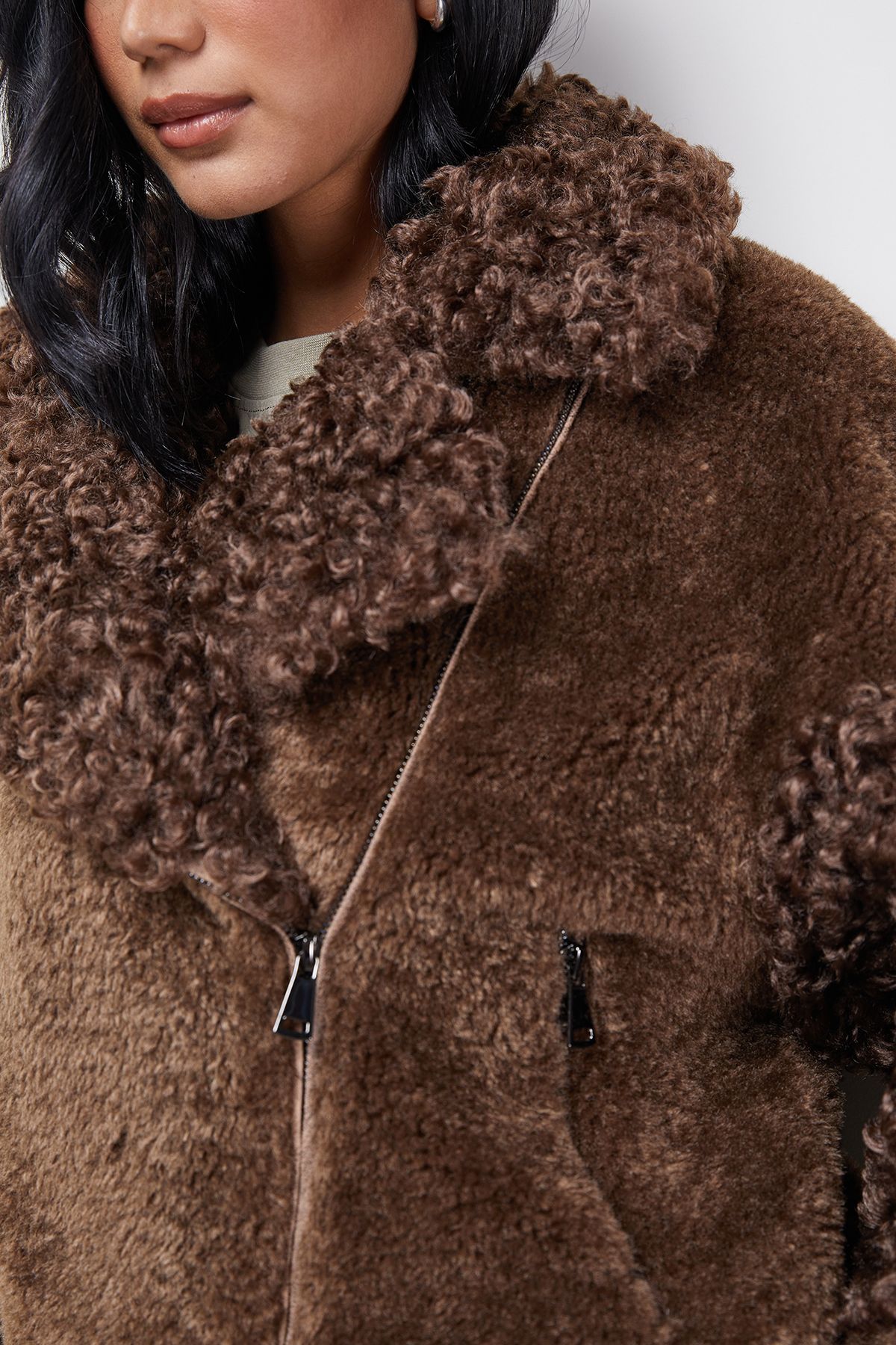 Warehouse Fur Mix Zip Through Jacket Chocolate image 4