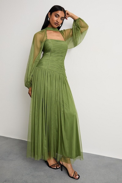 Warehouse Bow Detail Gathered Tulle Maxi Dress with Open Neck Green