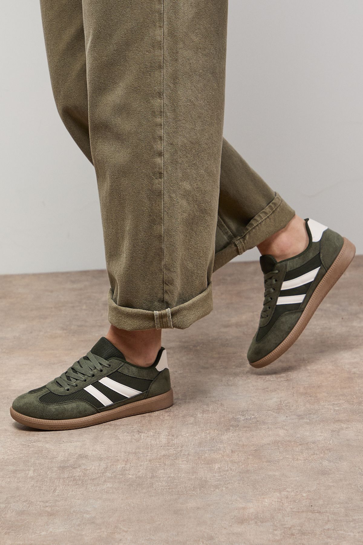 Oasis Jenna Faux Suede Mesh Detail Lace Up Trainers Khaki image 1