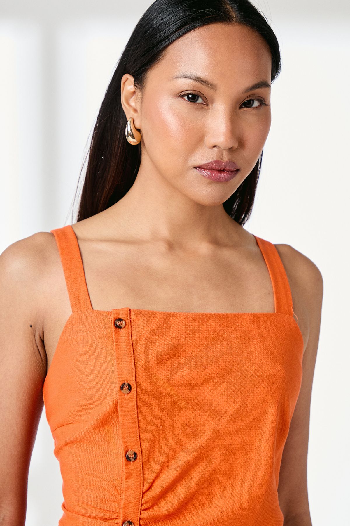 Principles Button Detail Square Neck Linen Blend Midi Dress Orange image 4