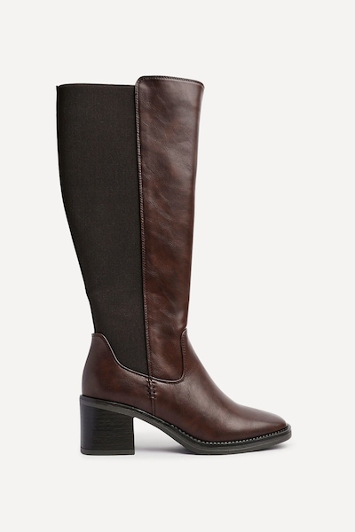 Linzi Reason Brown Faux Leather Block Heel High Leg Boot