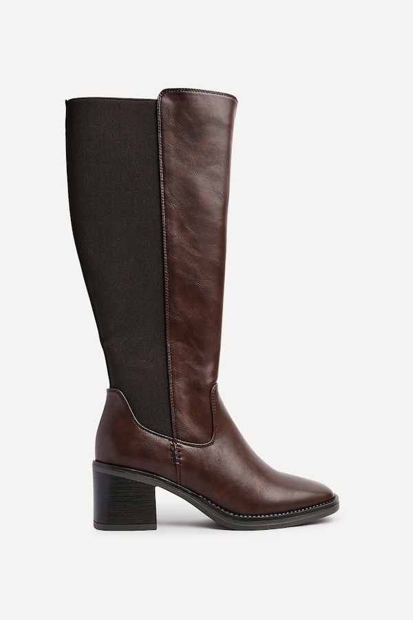 Linzi Reason Brown Faux Leather Block Heel High Leg Boot