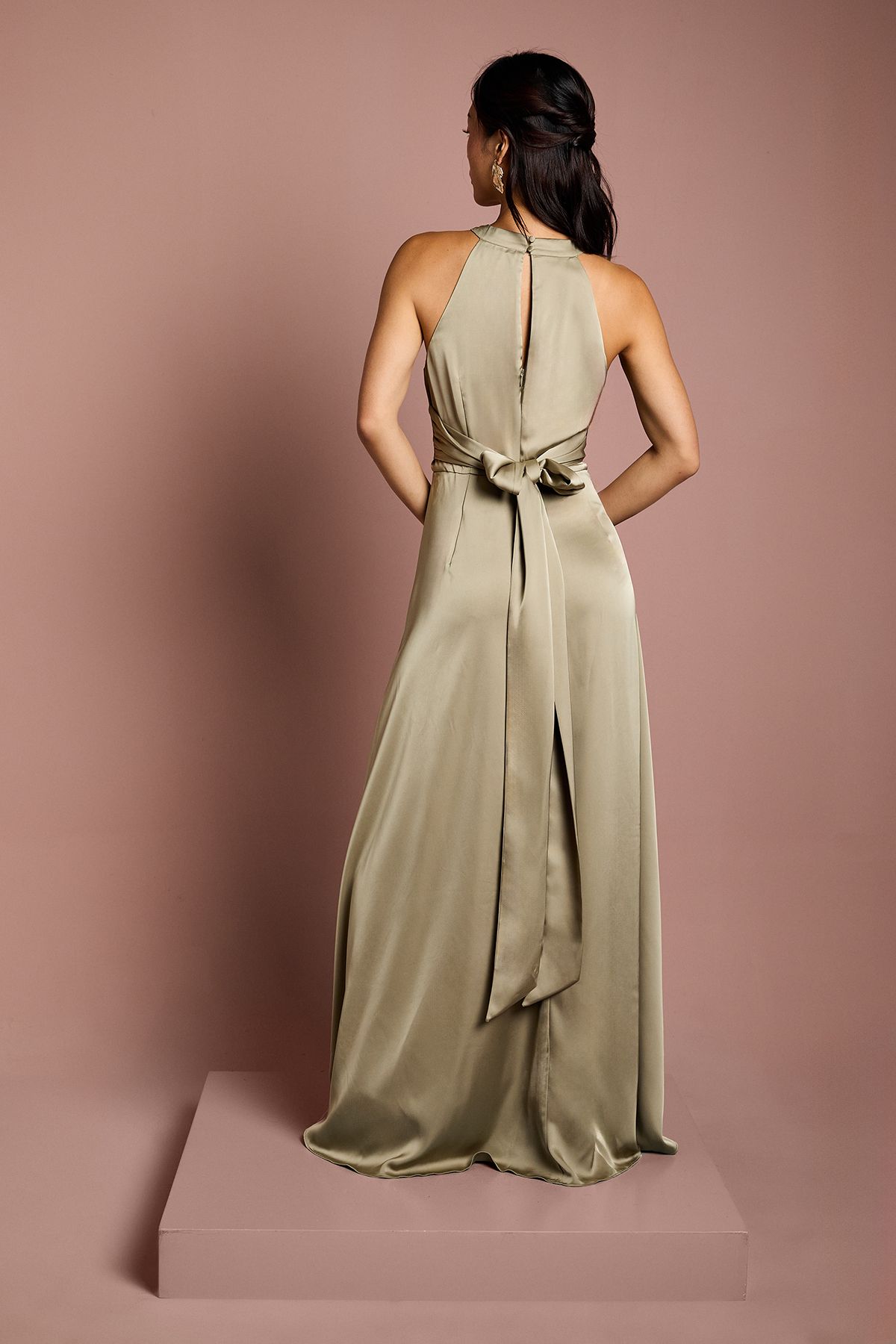 Coast Coast Honoured Twist Halterneck Satin Maxi Bridesmaid Dress Olive image 3