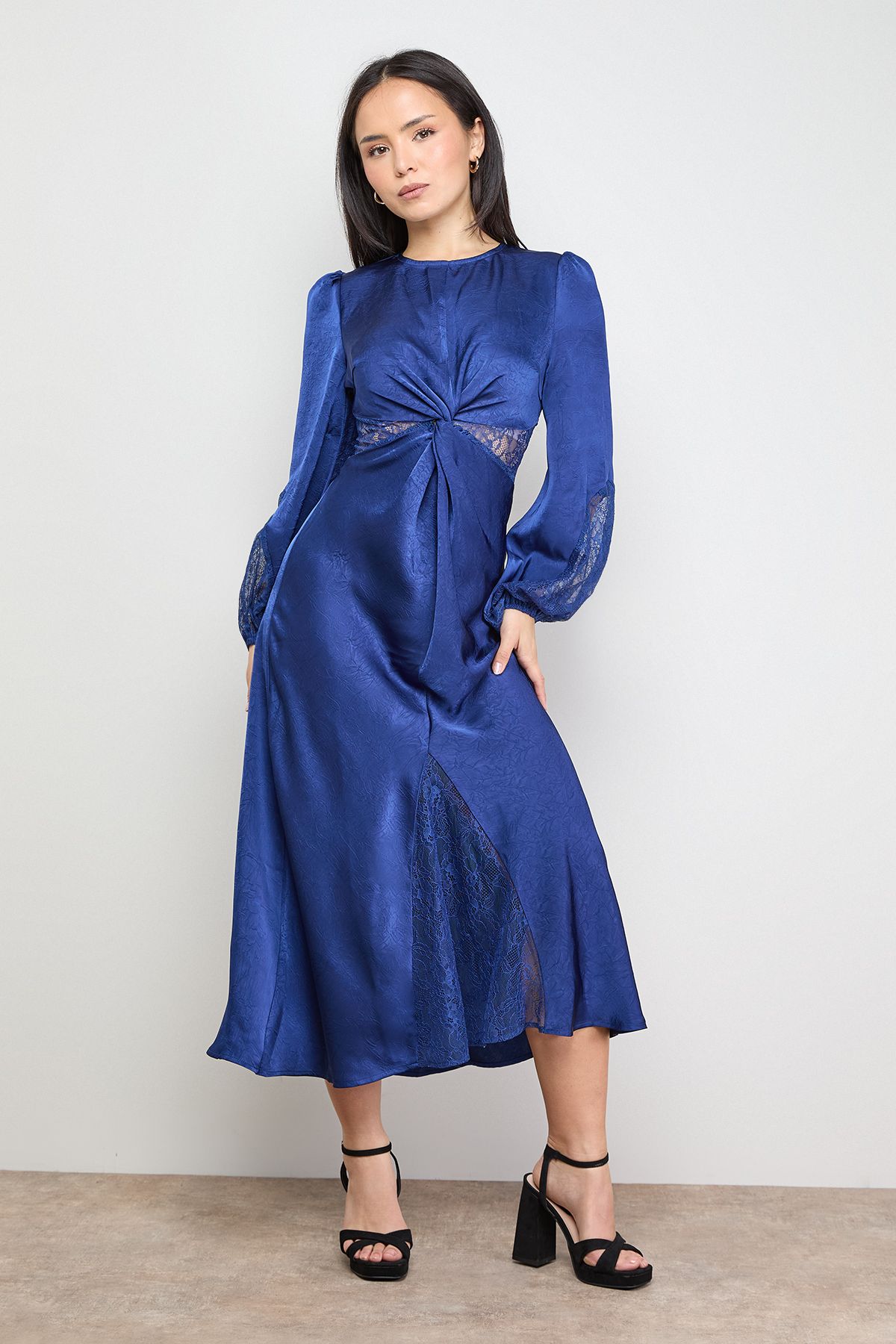 Oasis Petite Lace Insert Satin Midi Dress Blue