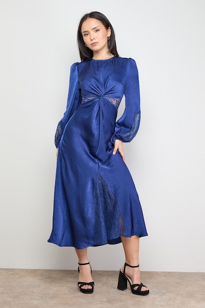 Oasis Petite Lace Insert Satin Midi Dress Blue