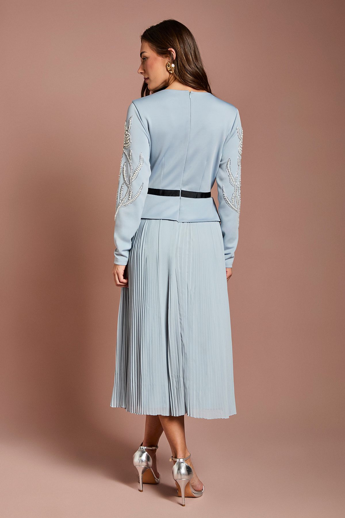 Coast Pearl Beaded Ponte Bodice with Pleated Skirt Light Blue image 3