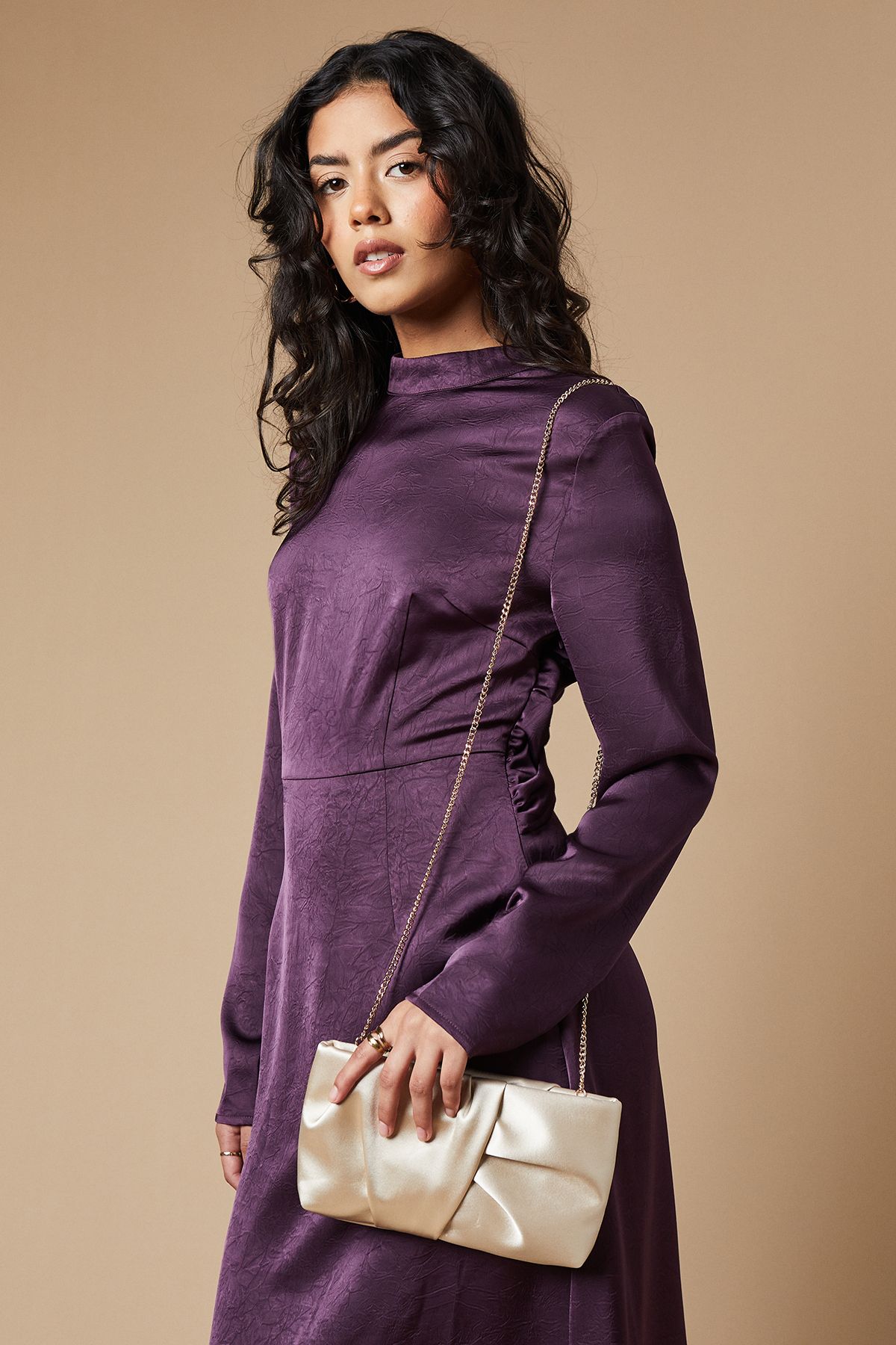 Oasis Ruched Satin clutch Bag with Removable Shoulder Strap Champagne image 1