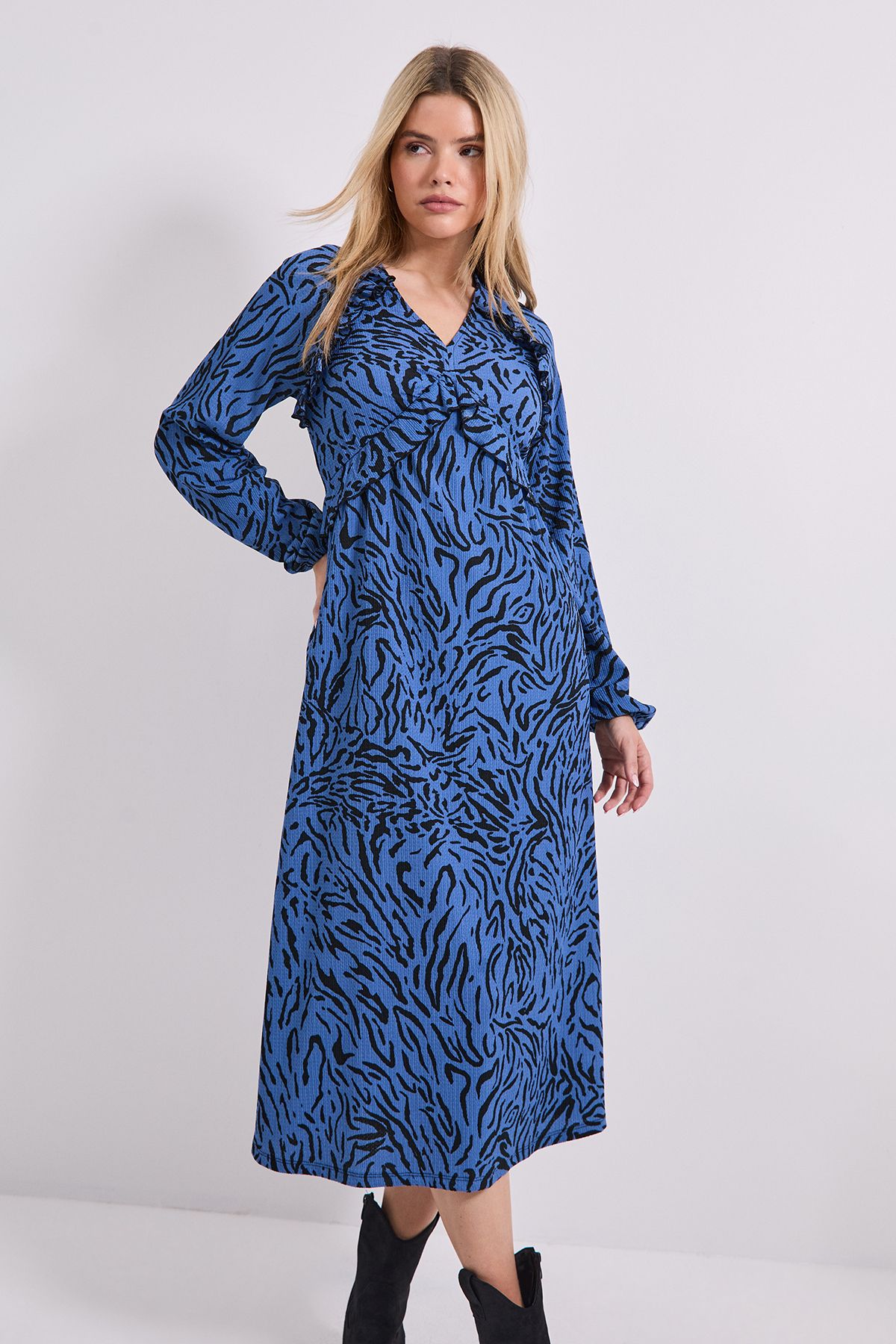 Dorothy Perkins Blue Zebra Empire Seam Frill Detail Jersey Midi Dress Blue image 2