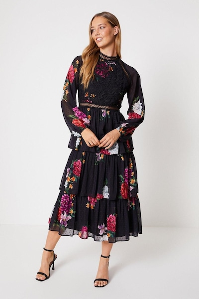 Oasis Floral Lace Trim Dobby Chiffon Tiered Midaxi Dress Black