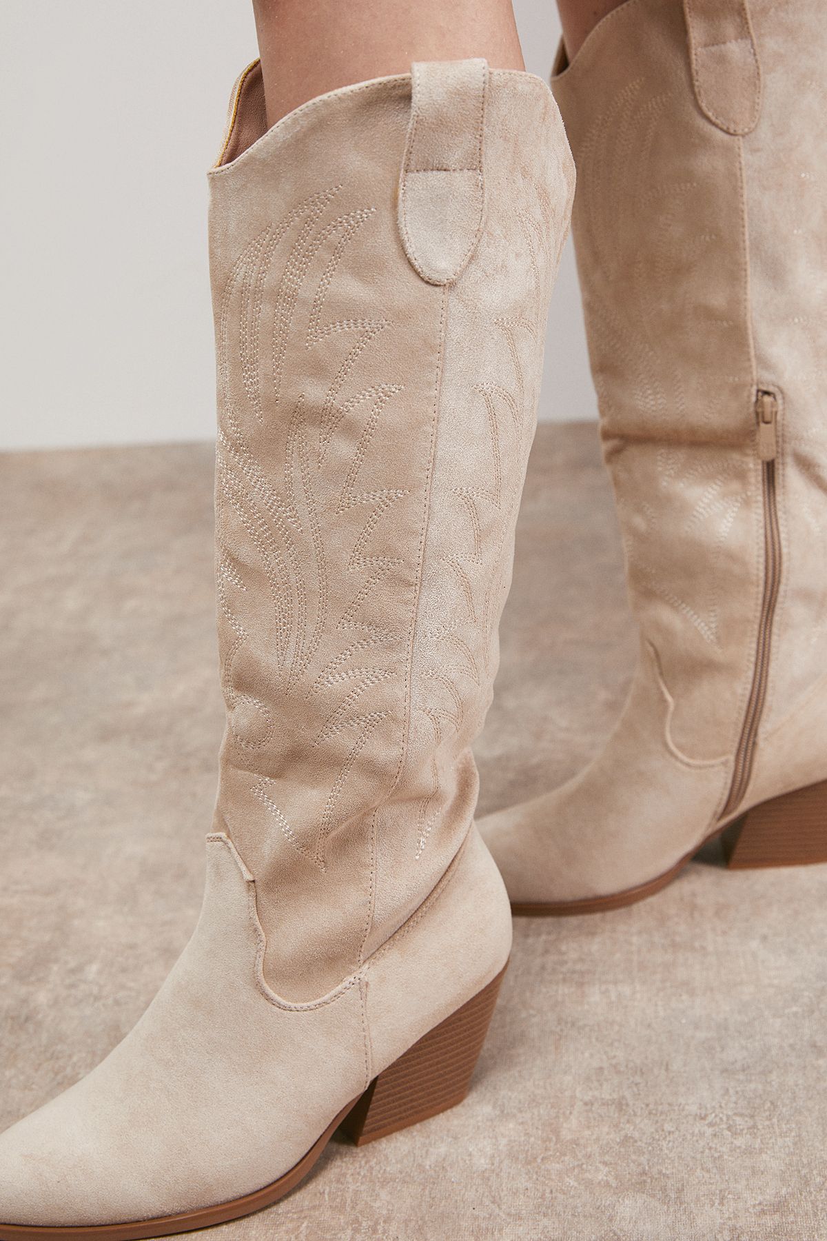 Oasis Maggie Faux Suede Embroidered Knee High Western Boots Beige image 4