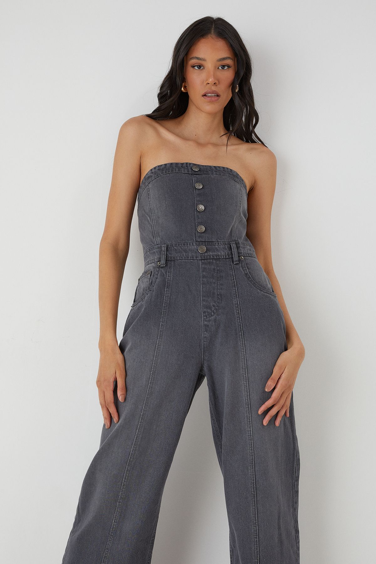 MissPap Denim Button Front Bandeau Jumpsuit Grey image 3