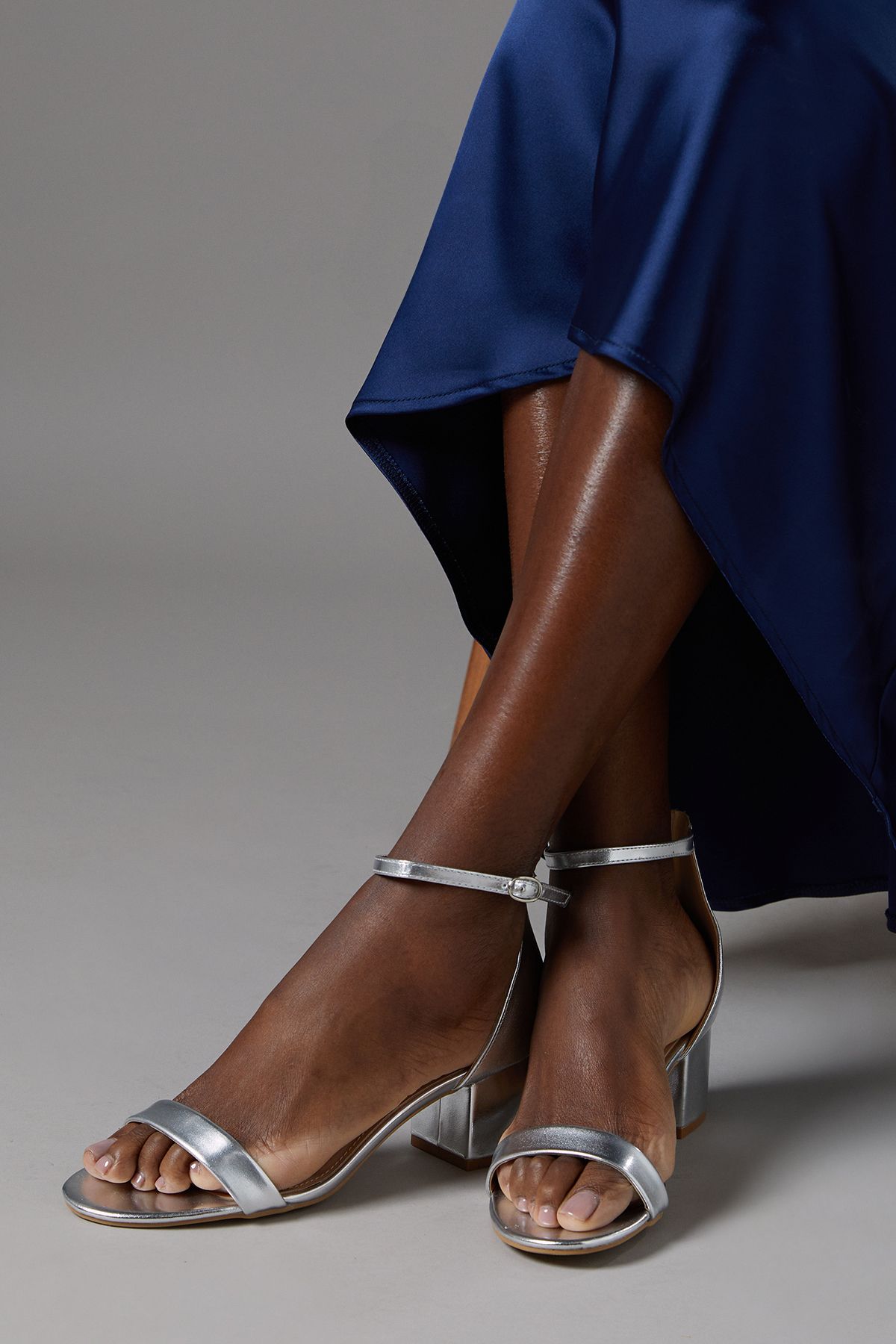 Coast Thelma Faux Leather Ankle Strap Medium Block Heel Sandals Silver image 1