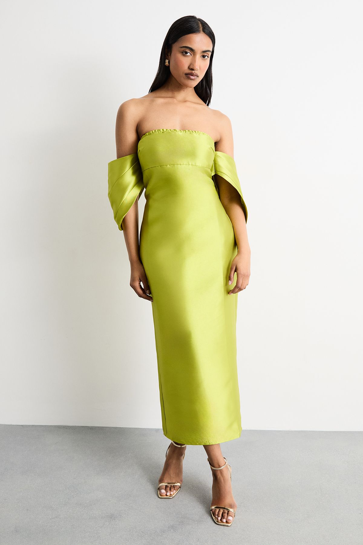 Warehouse Structured Puff Sleeve Bardot Midi Dress Chartreuse image 2