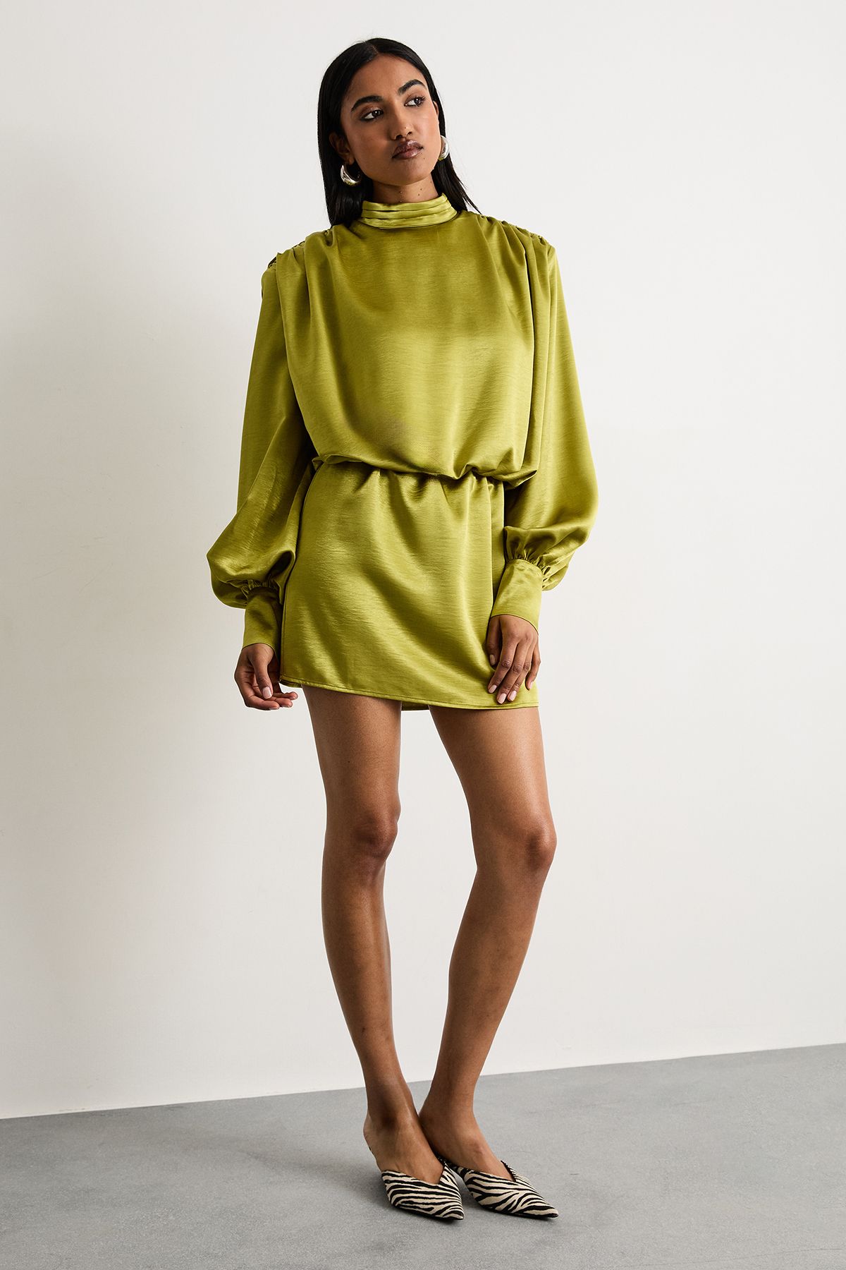 Warehouse Extreme Shoulder Draped Satin Mini Dress Chartreuse