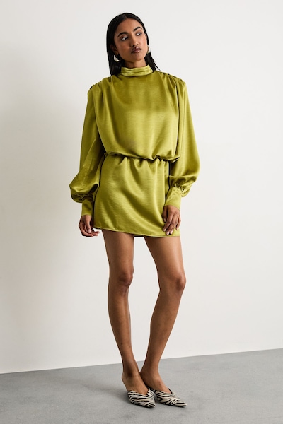 Warehouse Extreme Shoulder Draped Satin Mini Dress Chartreuse