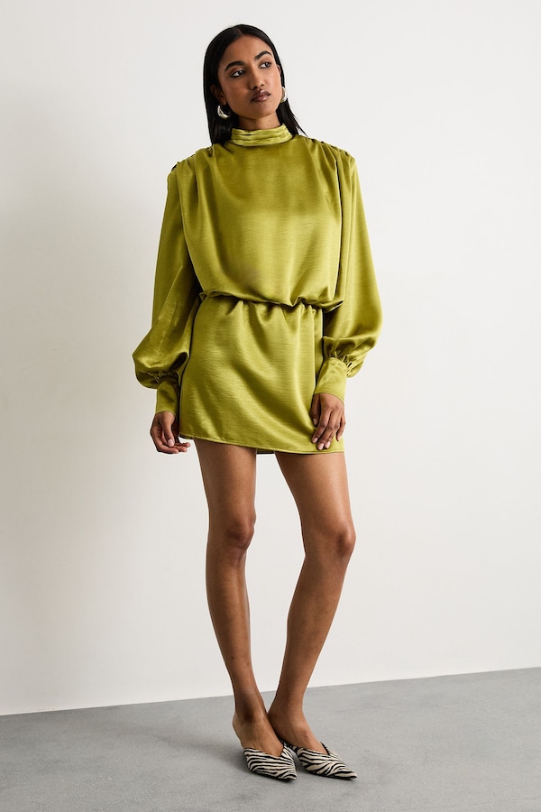Warehouse Extreme Shoulder Draped Satin Mini Dress Chartreuse