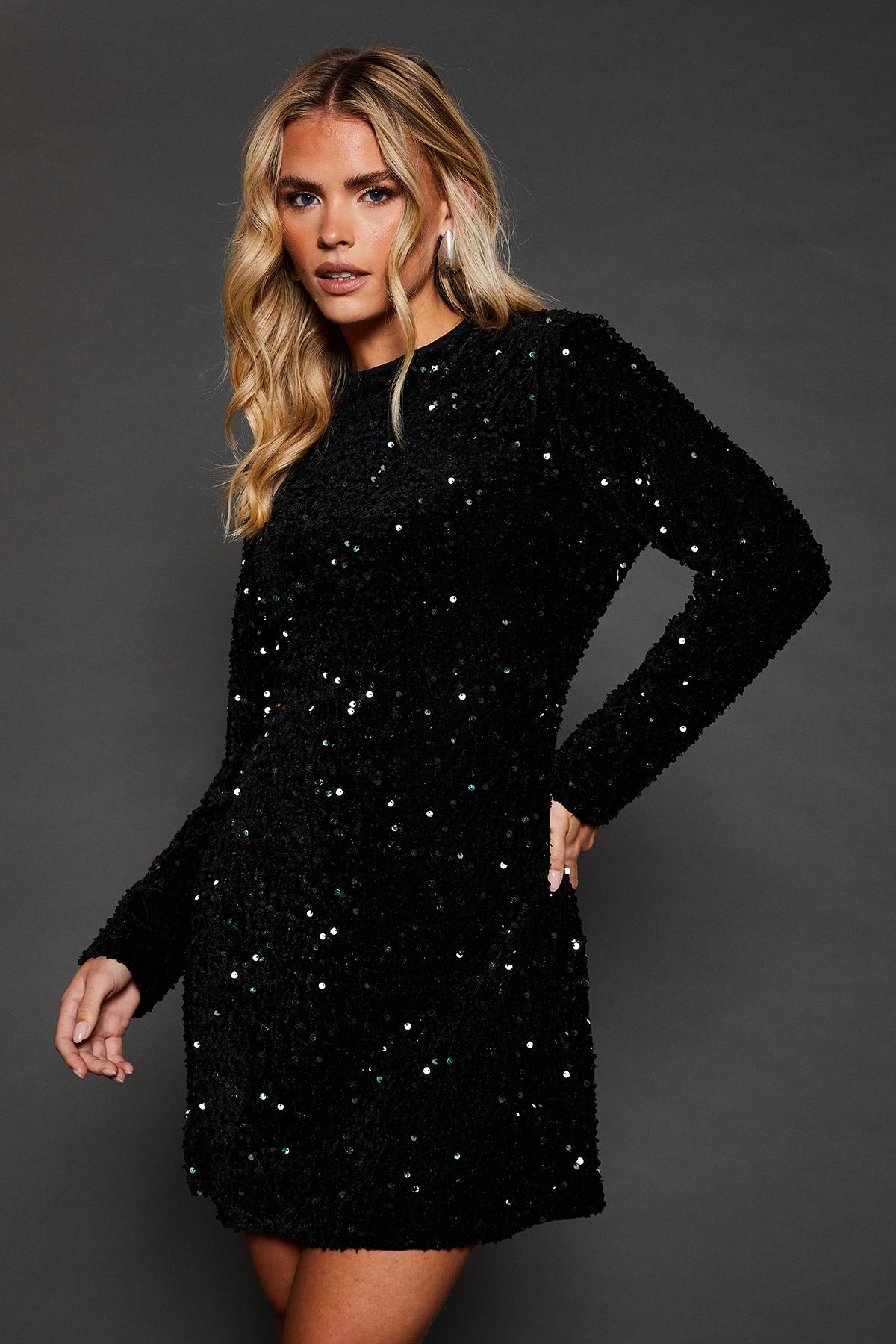 Dorothy Perkins Petite Velvet Sequin Mini Dress Green