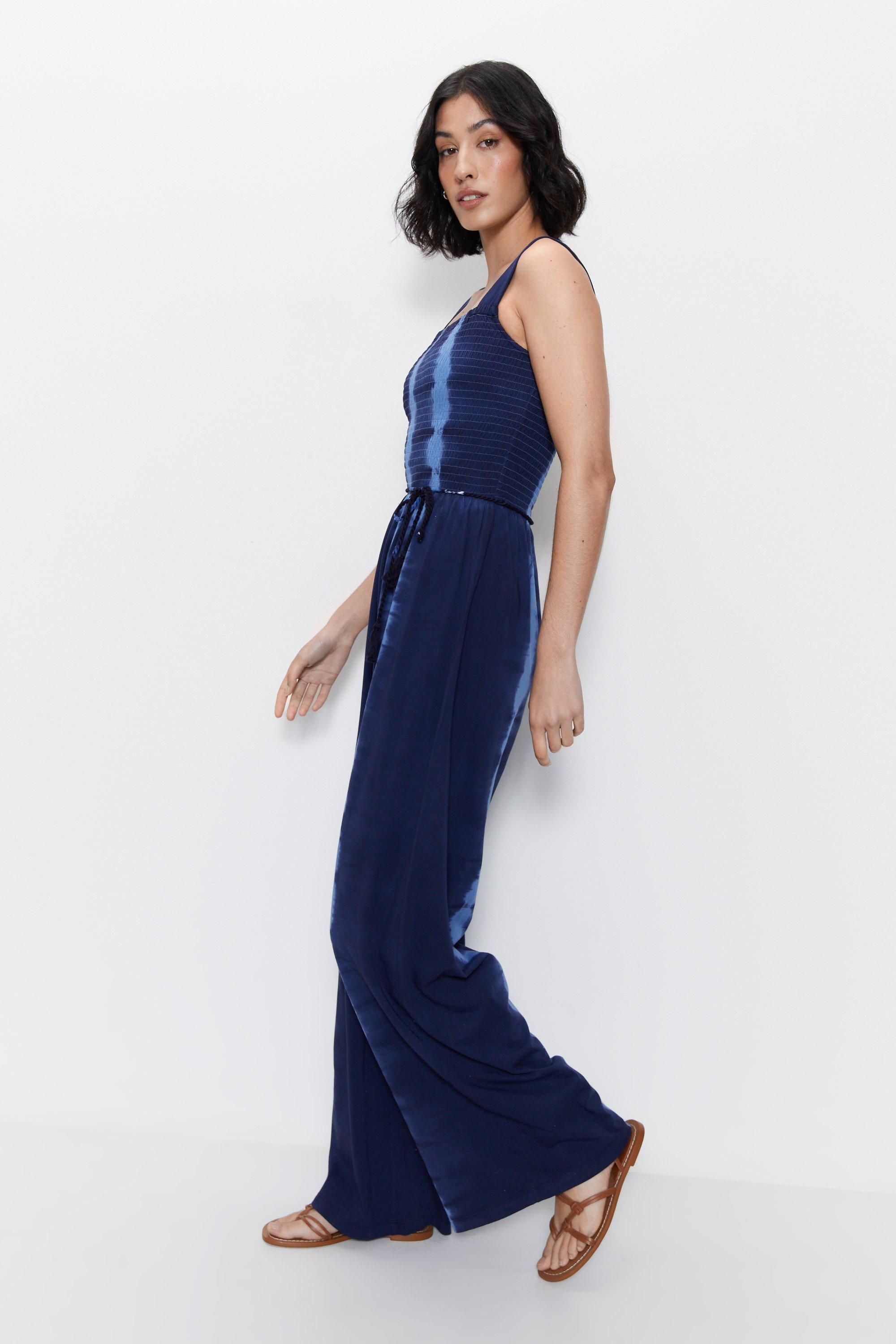 Warehouse Tie Dye Tie Waist Shirred Jumpsuit Blue image 3