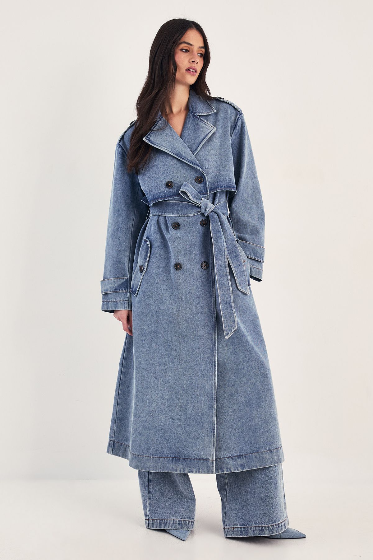 NastyGal Denim Trench Coat Indigo image 3