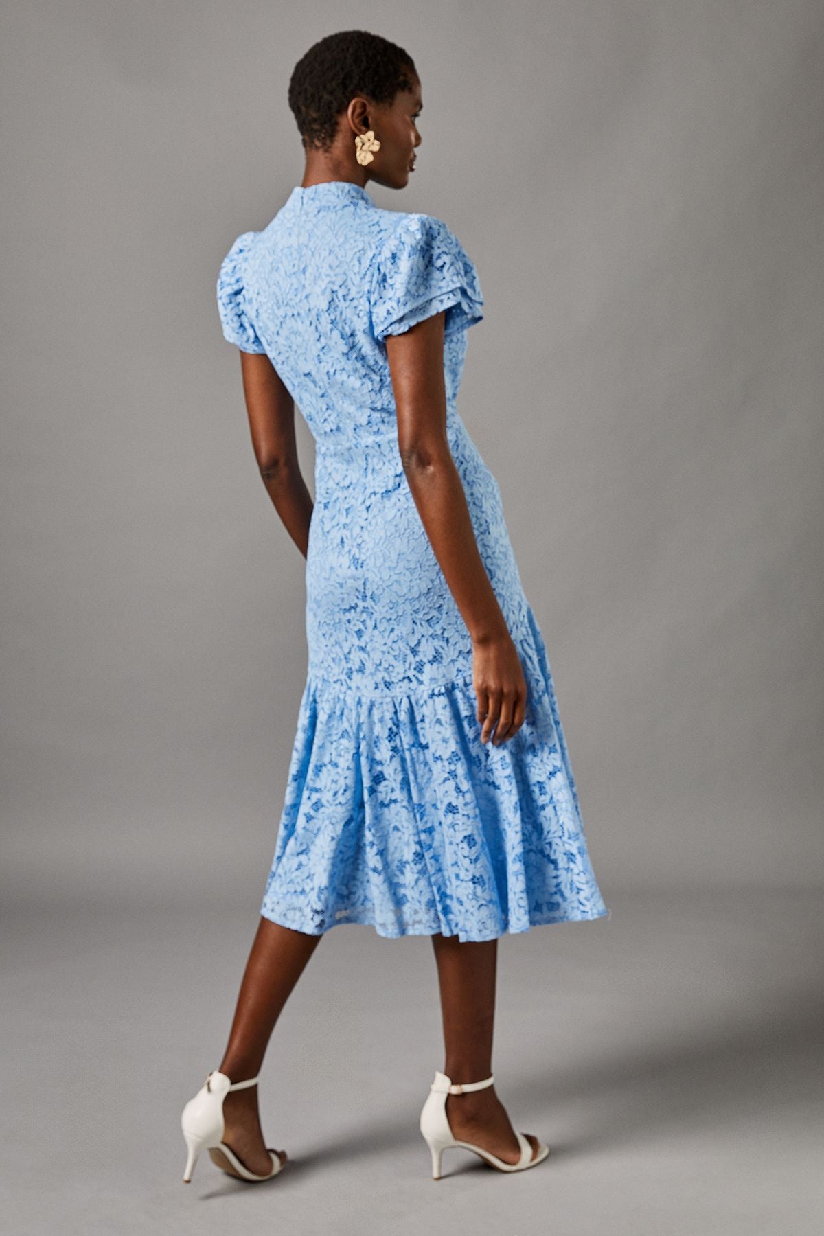 Coast Lace Frill Sleeve High Neck Midi Dress Pale Blue image 3