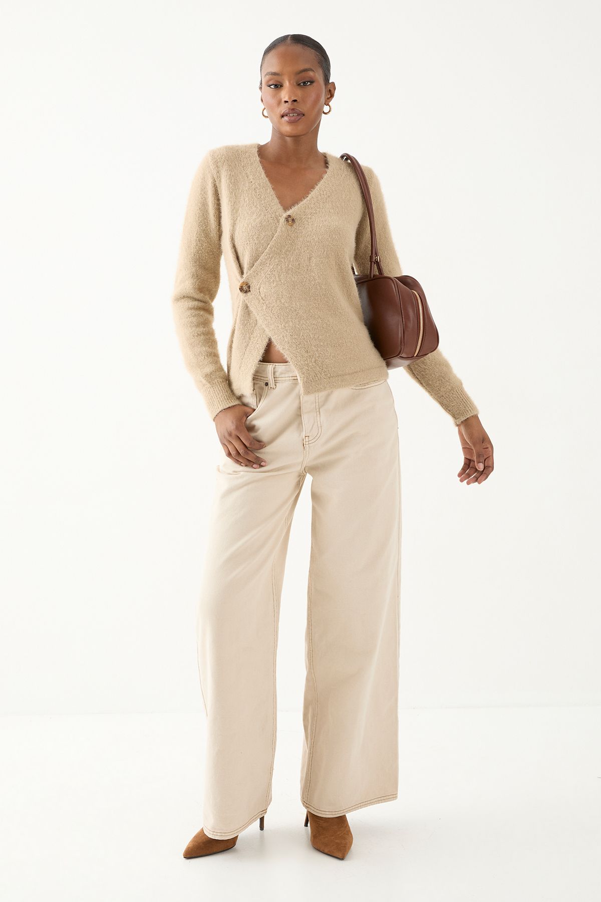 MissPap Eyelash Knit Asymmetric Cardigan Taupe