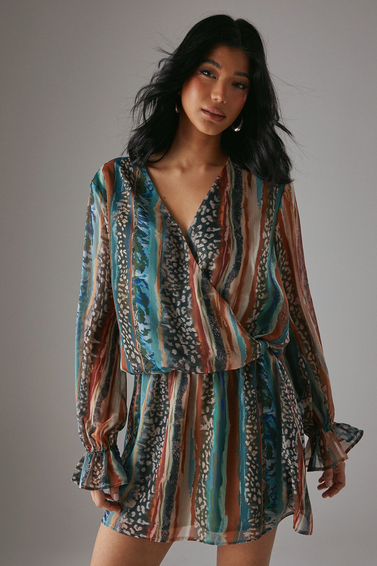 Warehouse HCD Chiffon Wrap Drop Waist Mini Dress Multi image 3