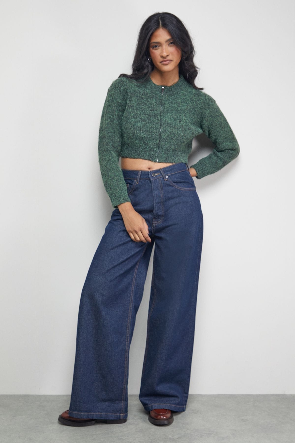 Warehouse Zip Up Rib Crew Cardigan Emerald image 2