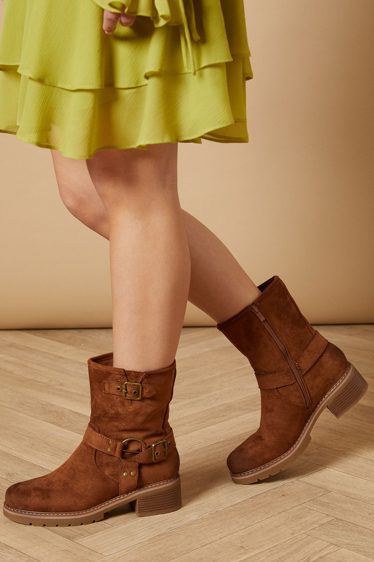 Oasis Dark Tan Lila Faux Suede Chunky Biker Calf Boots PLT