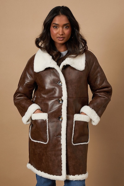 Oasis Pu Bonded Shearling Coat Tan