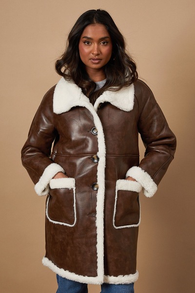 Oasis Pu Bonded Shearling Coat Tan
