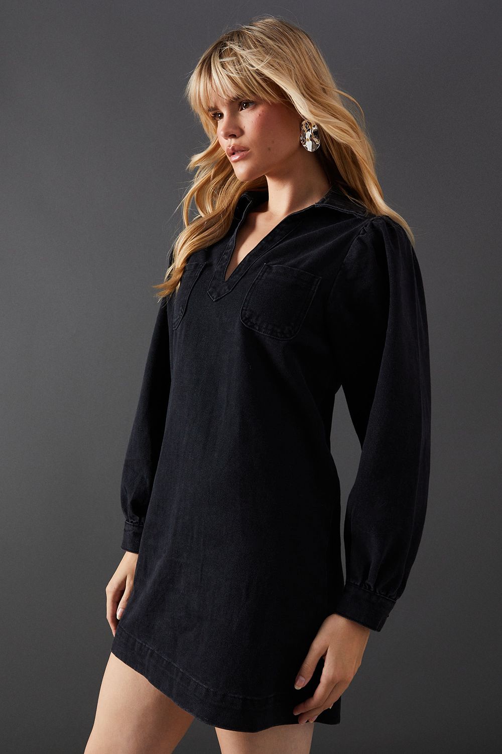 Warehouse Denim Overhead Shirt Dress Washed Black