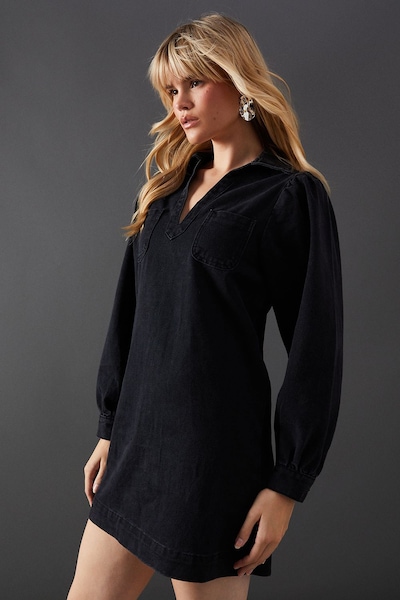 Warehouse Denim Overhead Shirt Dress Washed Black