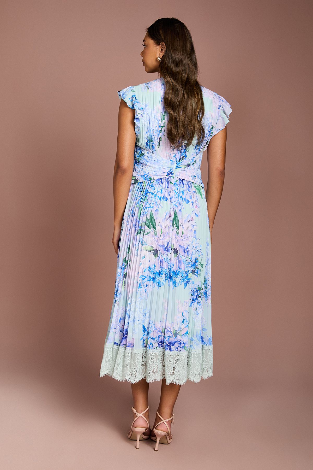 Coast Floral Printed Georgette Dress With Lace Trims Blue image 3