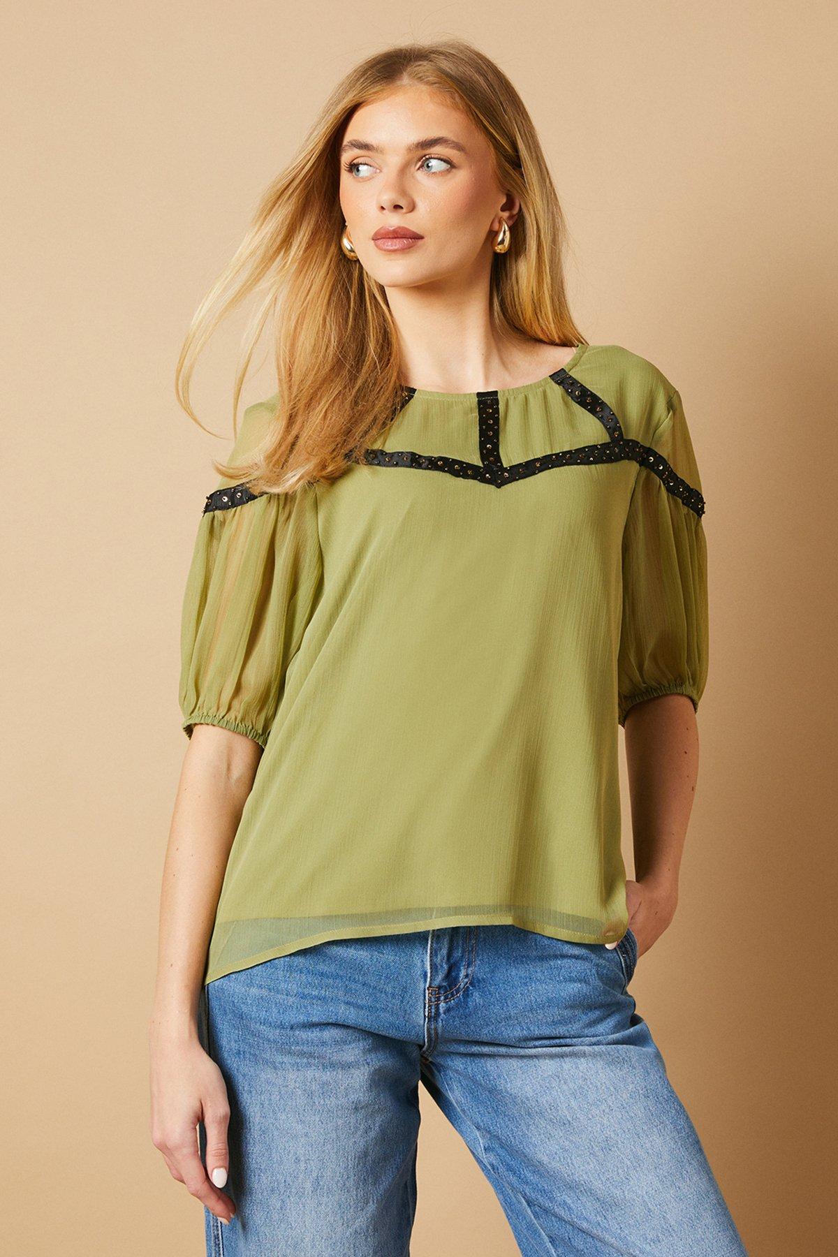 Oasis Hand Embellished Trim scoop Neck Half Sleeve Blouse Khaki