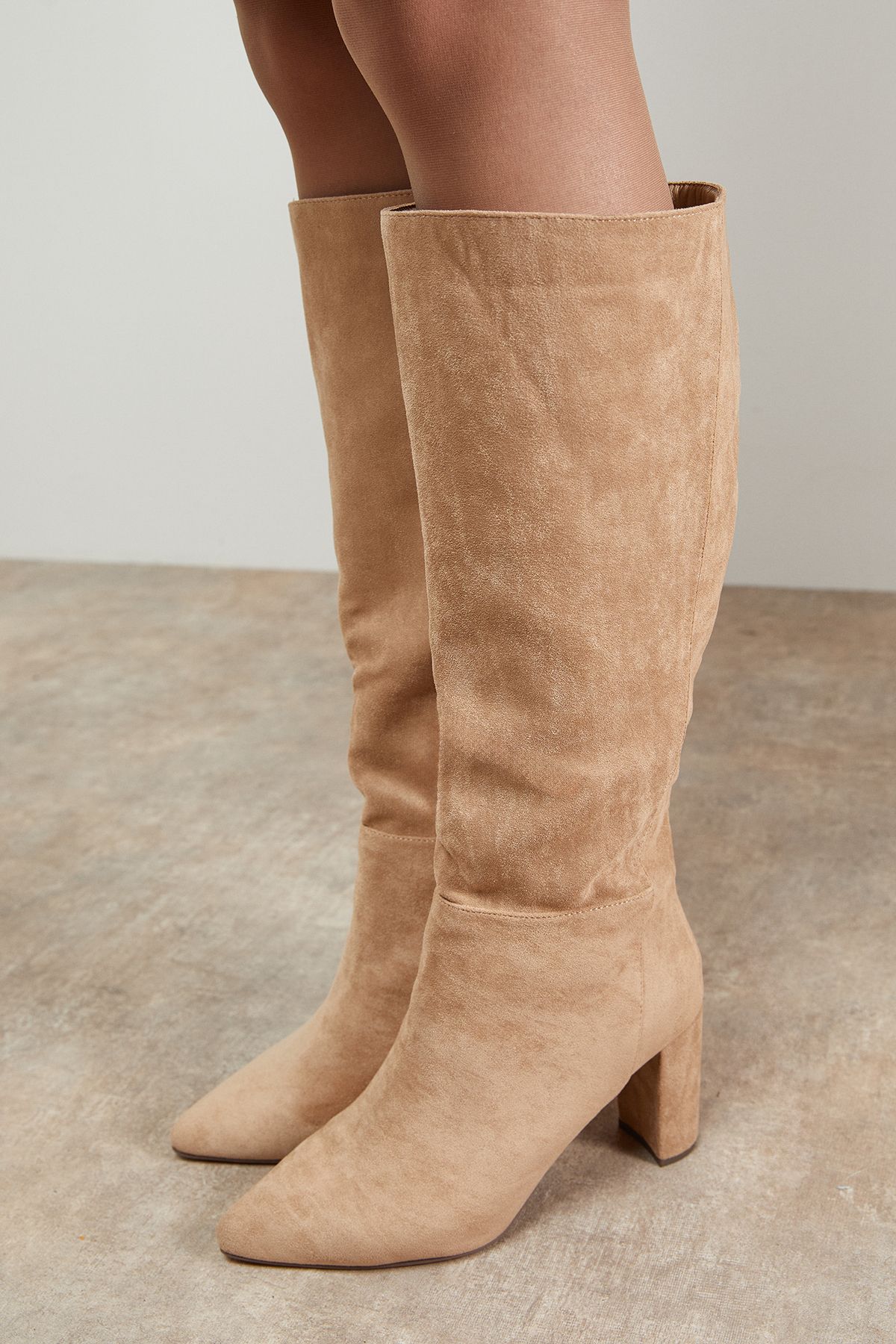 Oasis Kora Faux Suede High Block Heel Pointed Knee Boots Beige image 4