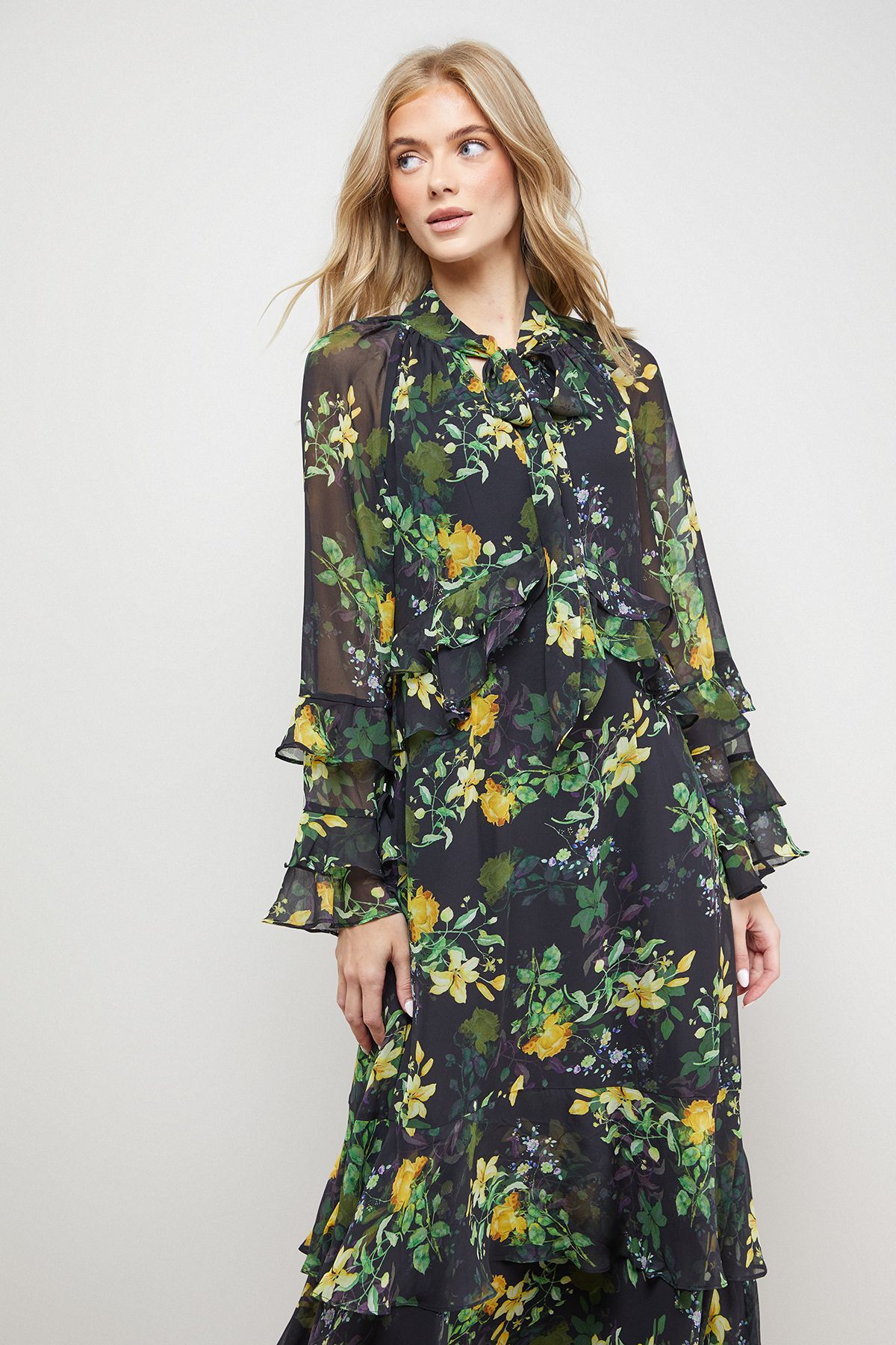Oasis Printed Tie Neck Ruffle Detail Maxi Dress Floral image 2