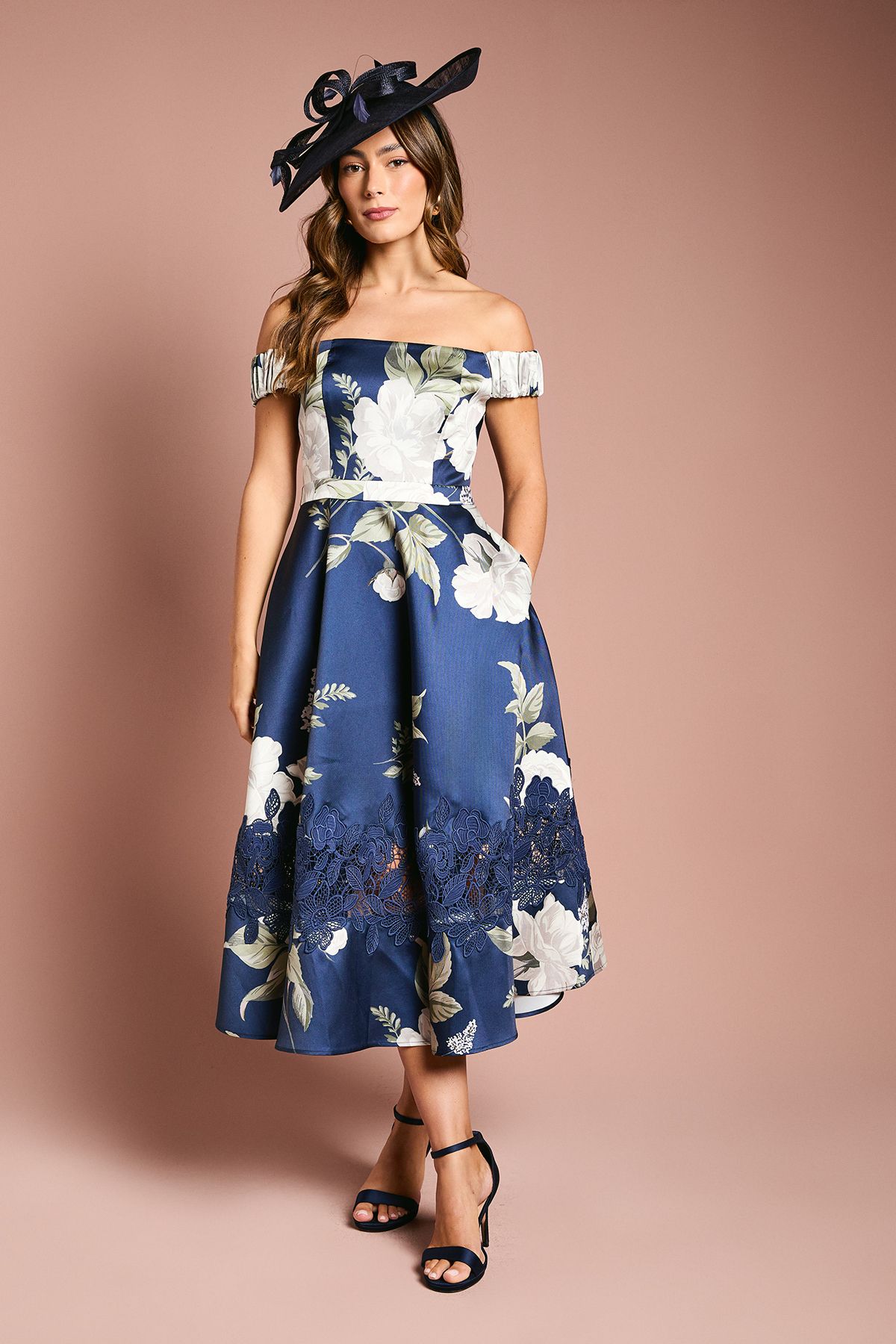 Coast Printed Bardot Twill Midi Dress With Lace Insert Navy image 1