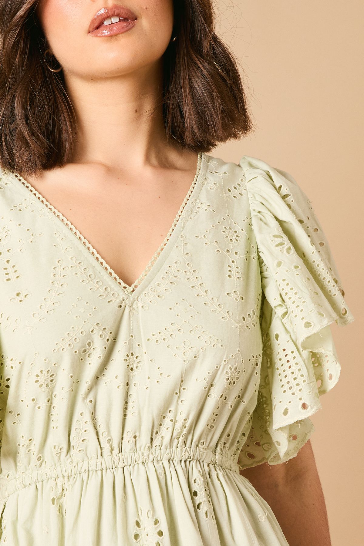 Oasis Broderie V Neck Angel Sleeve Maxi Dress Sage image 4