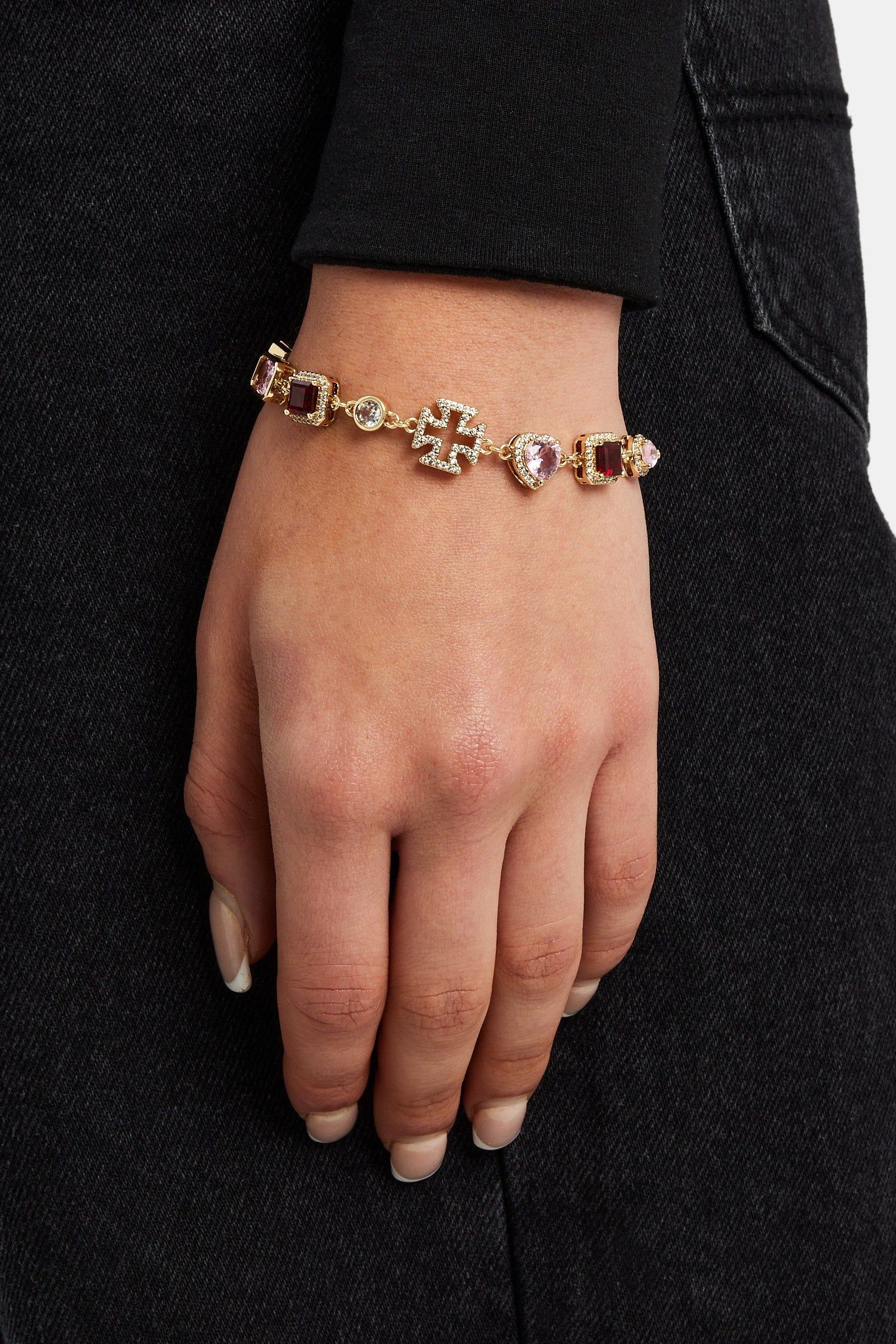 Cernucci Pink Heart Multi Gem Bracelet - Gold - 10mm image 1