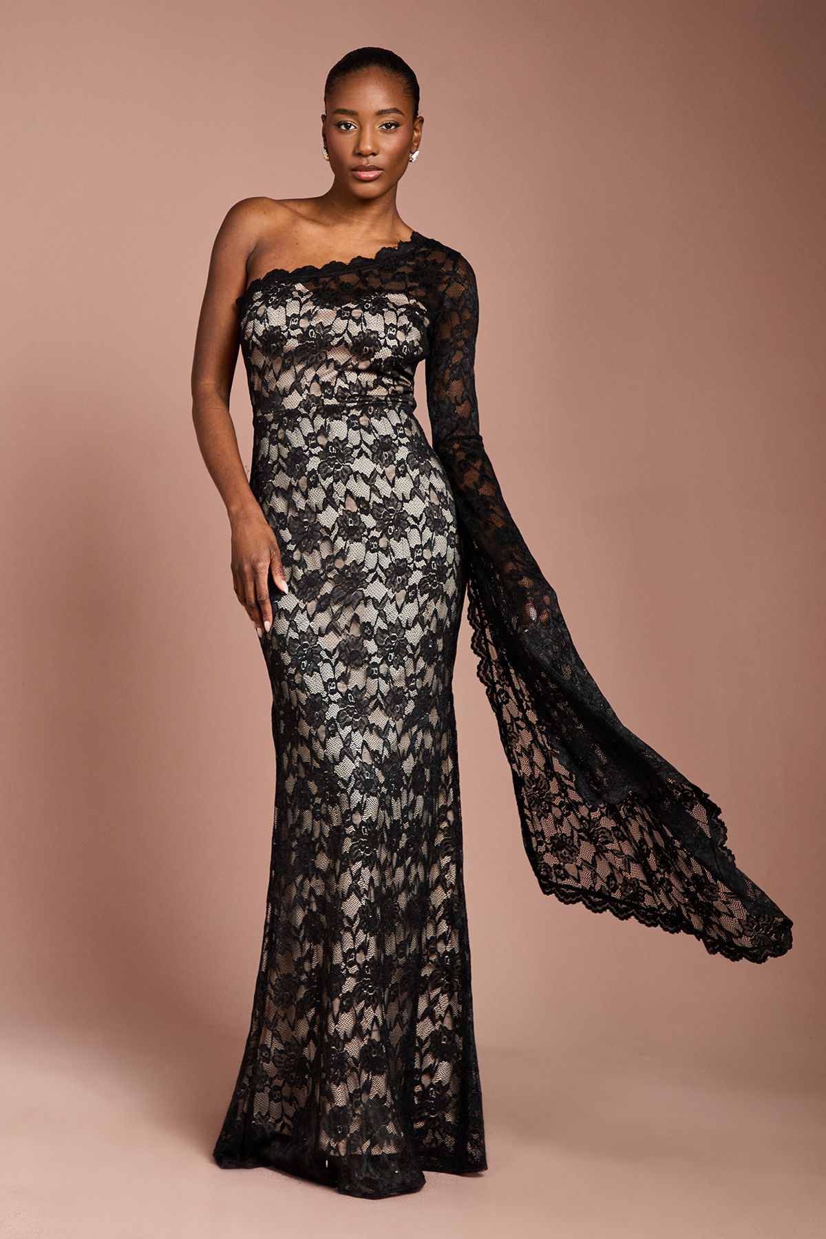 Coast One Shoulder Cap Detail Lace Maxi Dress Black