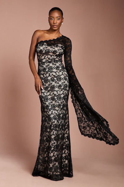 Coast One Shoulder Cap Detail Lace Maxi Dress Black